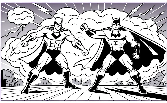 Two superheros in a city scene with lightning, one holding a bat, the other a lightning rod