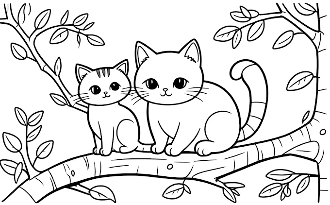 Two cats sitting on a tree branch