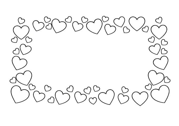 Hearts in grayscale within a picture frame coloring page