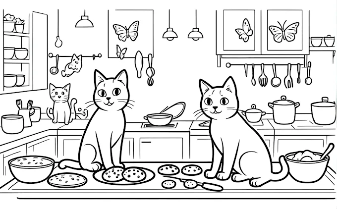 Two cats in kitchen with food and butterfly, storybook coloring page