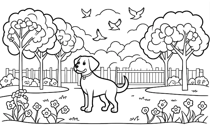 Dog in park with trees and flowers, highly detailed
