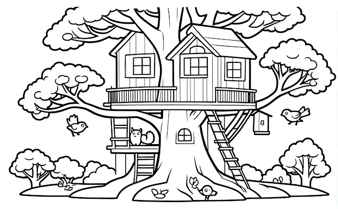 Tree house with multiple ladders, line art coloring page