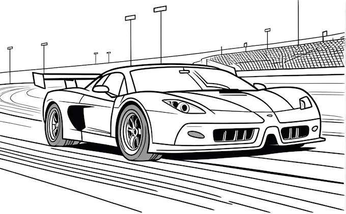 Sports car driving on track with stadium and lights