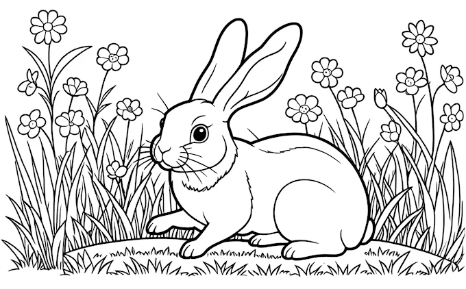 Rabbit in grass with black and white background, surrounded by flowers, coloring page