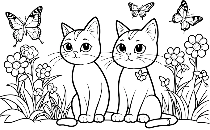 Two cats in grass with flying butterflies