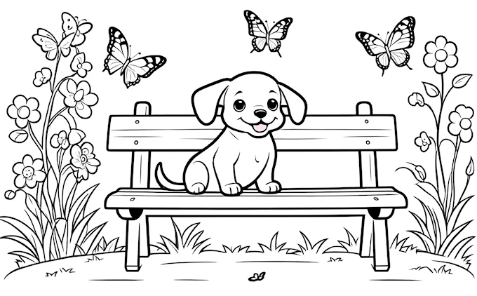Dog on bench with butterflies in park