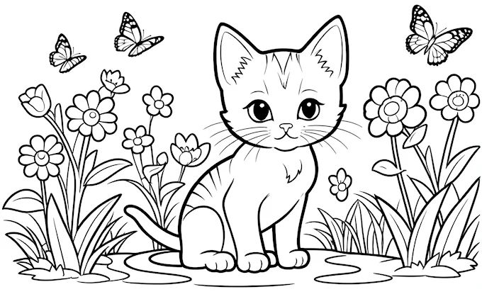 Cute kitten in grass with butterflies and flowers