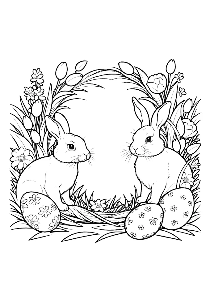 Rabbits in Egg-Shaped Nest Surrounded by Flowers Coloring Page