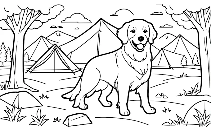 Dog and tent in woods