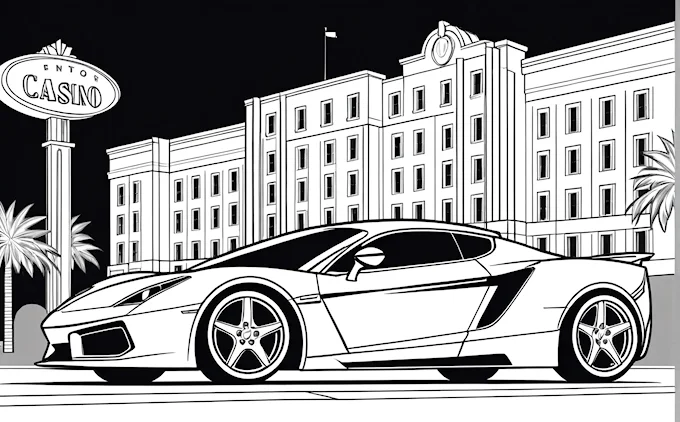 Sports car in front of hotel sign at night, coloring page