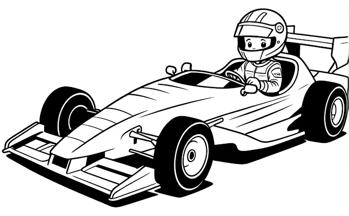 Race car with driver, helmet on top, black and white line art