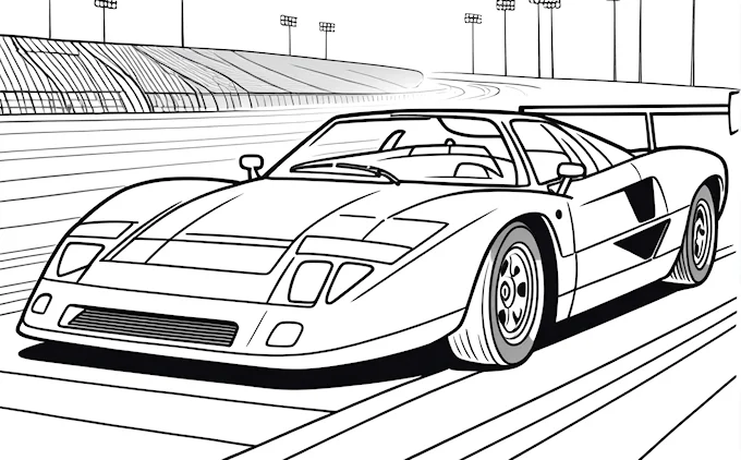 Sports car driving on race track, line art background