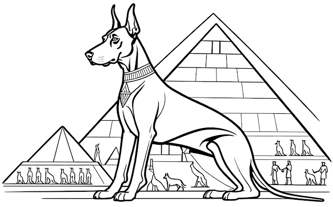 Dog in front of pyramid with Egyptian symbols