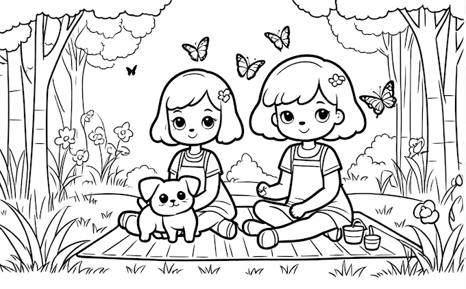 Girl and boy on picnic blanket with dog and butterfly