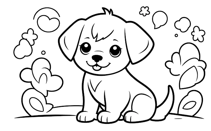 Puppy on ground with hearts and &#039;I love you&#039; thought bubble, line art