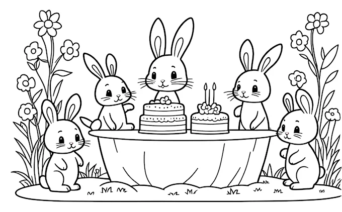 Three rabbits and cake on table with bunny holding carrot