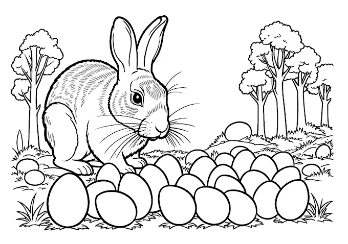 Black and White Rabbit Near Eggs in Woods