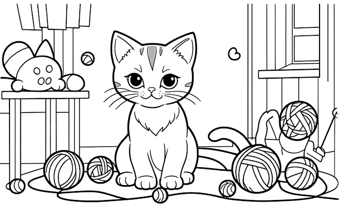 Cat with balls of yarn and crochet hook