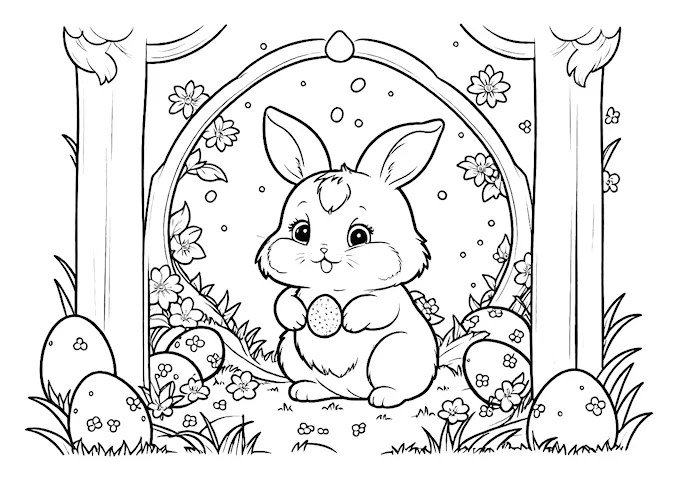 Bunny in a spring scene with eggs and flowers coloring page