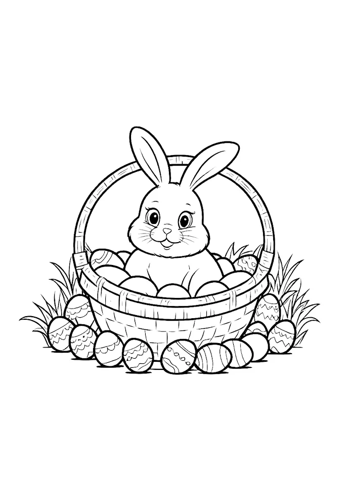 Monochrome photo of bunny with Easter eggs in basket
