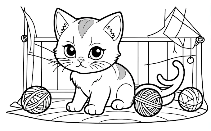 Kitten with yarn ball and kite