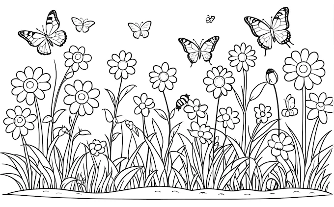 Flowers and butterflies in grass with flying butterfly