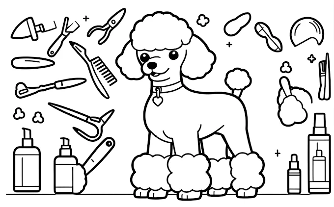 Poodle with grooming supplies