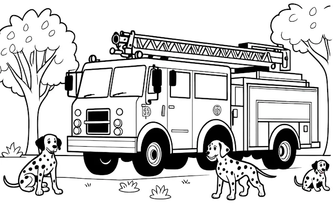 Fire truck and two dogs in grass