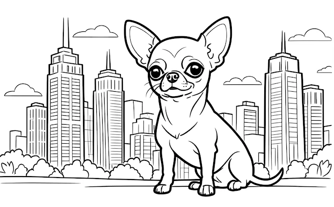 Chihuahua sitting in front of skyscrapers on paper