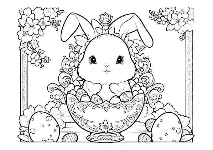Ornate Easter scene with rabbit, eggs, and baby chicks coloring page
