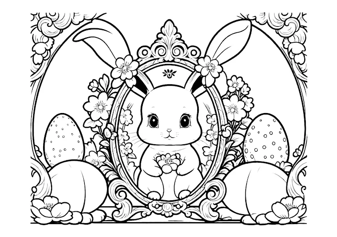Bunny rabbit in front of ornate mirror with floral and egg decor coloring page
