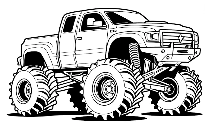Monster truck with big wheels, black and white coloring page