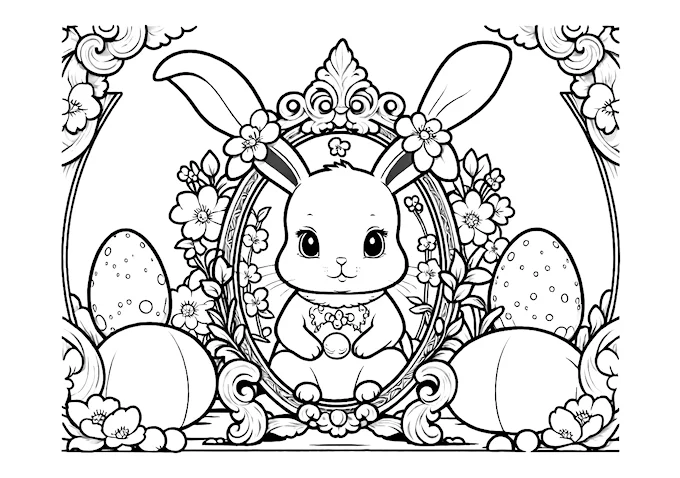 Decorative Easter bunny with mirror, flowers, and eggs coloring page