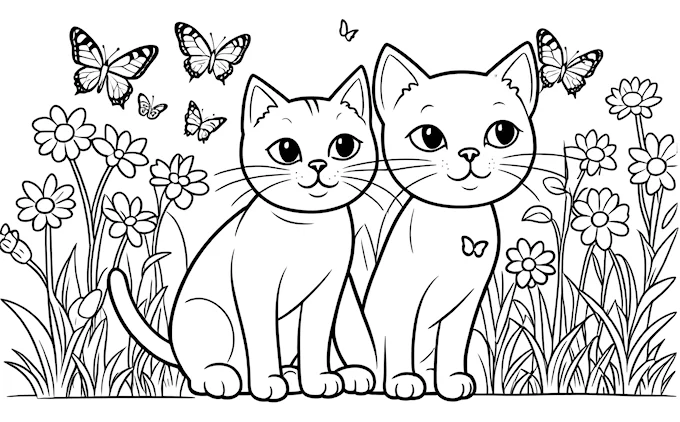 Two cats in grass with flying butterflies and flowers, furry art