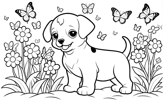 Puppy standing in field with butterflies and flowers