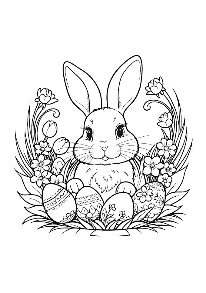 Bunny in Easter basket with chicks, flowers, and eggs