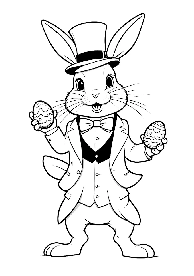 Rabbit in Formal Attire with Easter Eggs Coloring Page