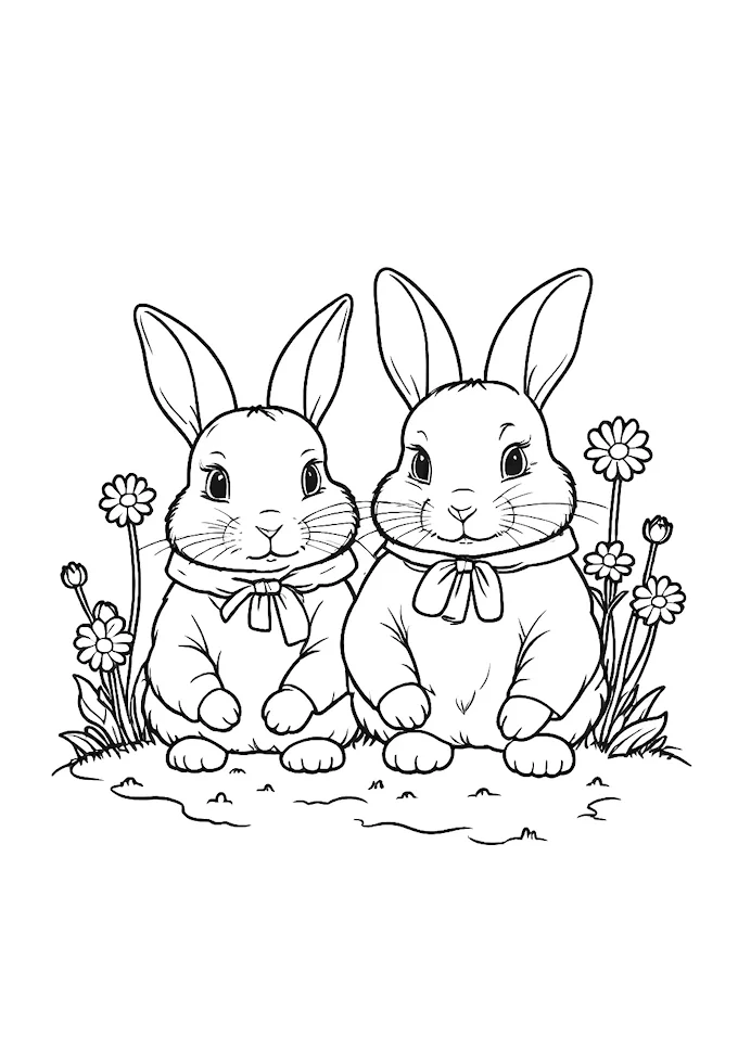Two clothed bunnies in a flower field watercolor illustration