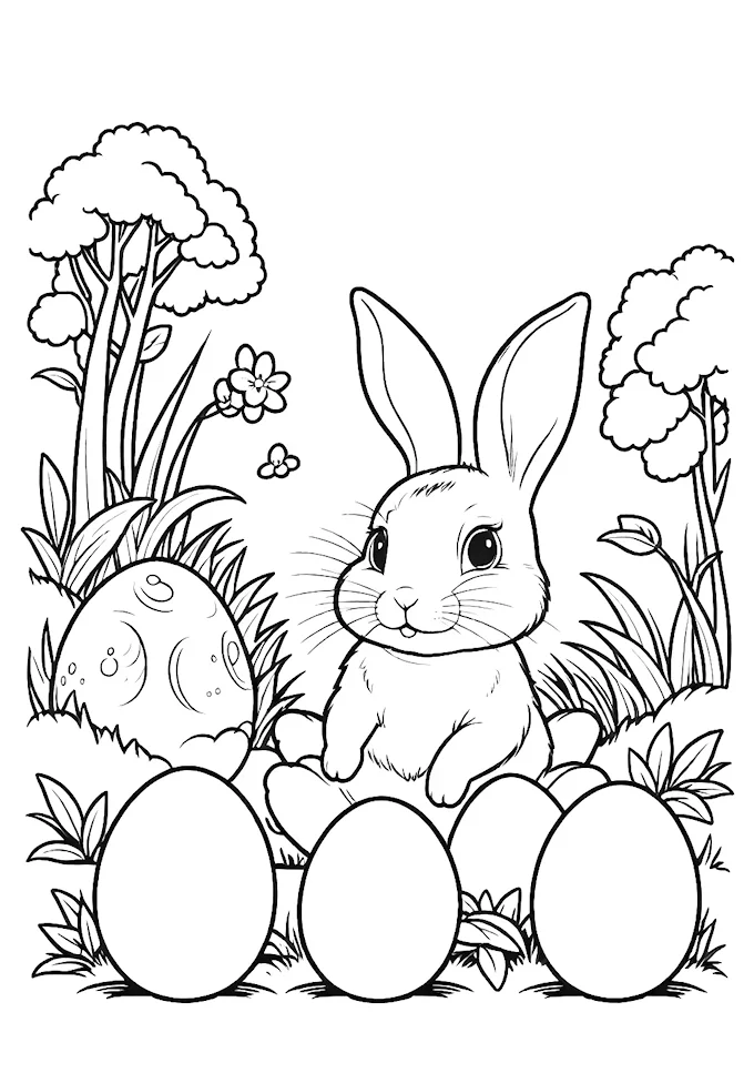 Bunny with eggs in grassy habitat black and white illustration