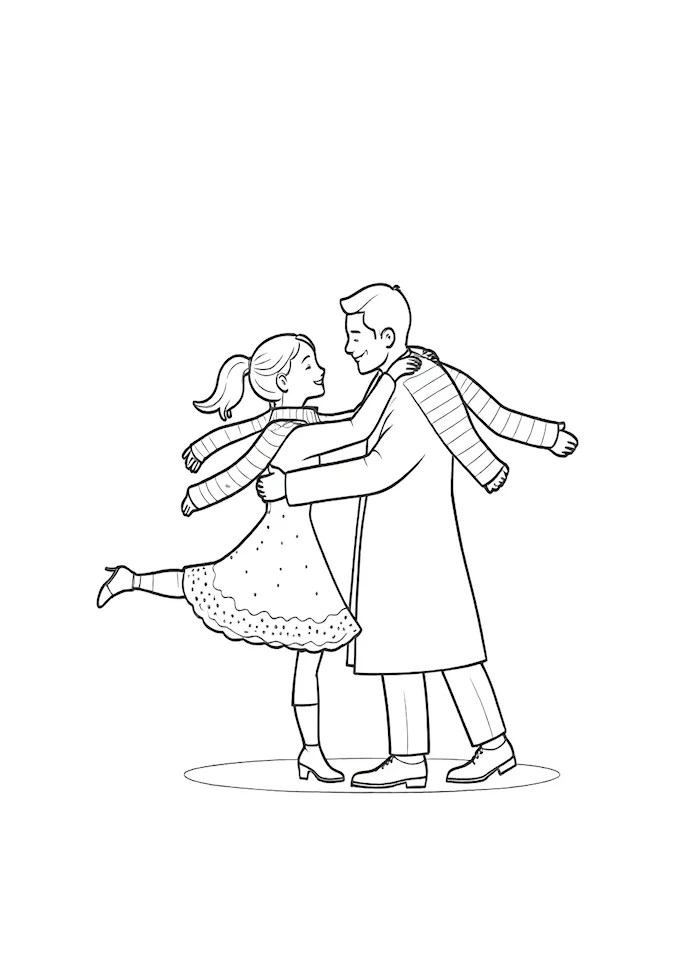 People dancing together in winter scene coloring page