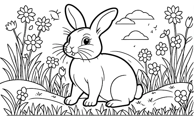 Rabbit sitting in grass with flowers and sky