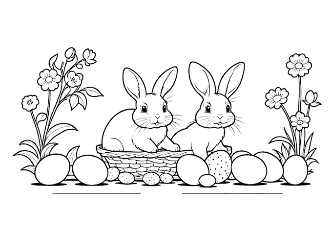 Bunnies in Basket with Easter Eggs Coloring Page