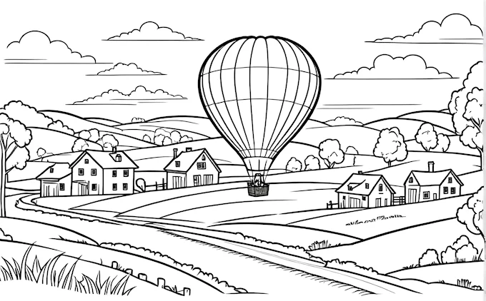 Hot air balloon over countryside with houses and trees