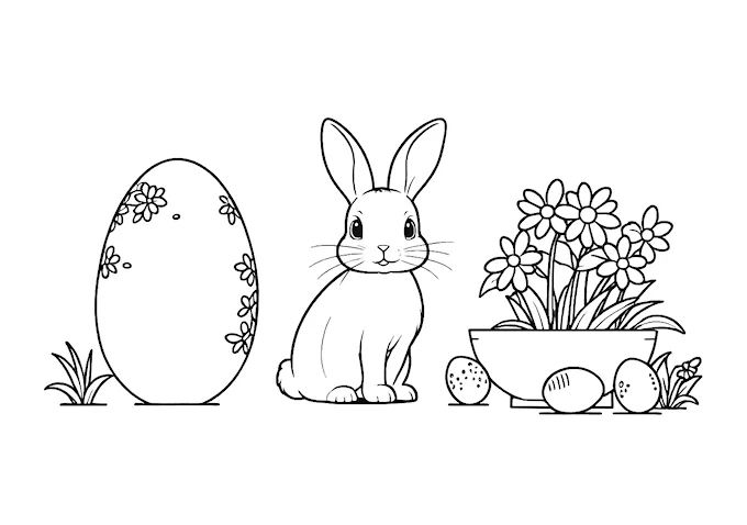 Charming bunny with egg and floral arrangement coloring page
