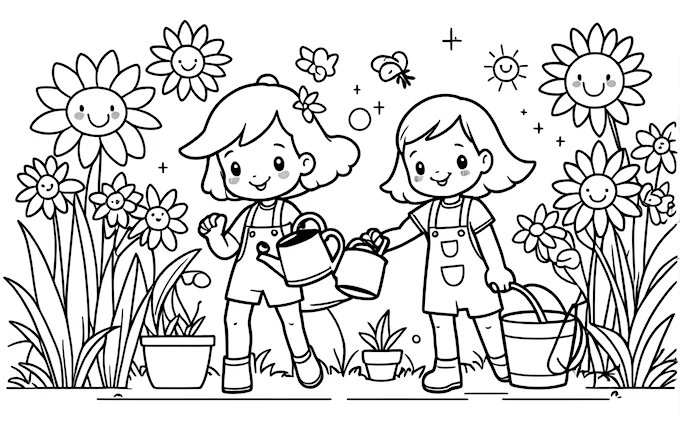 Girl and boy watering flowers in garden