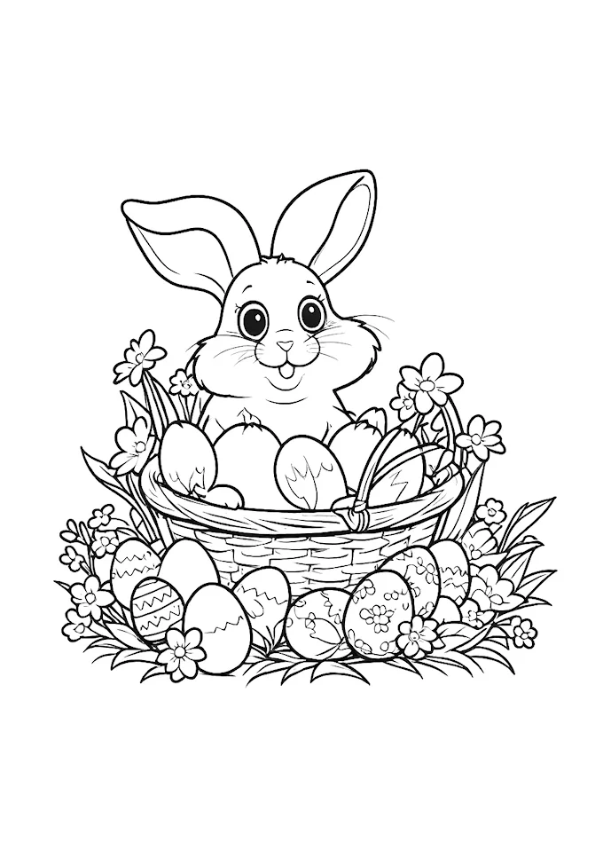 Easter bunny in basket with multicolored eggs and corner flowers
