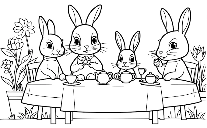 Three rabbits at table with tea and teapot