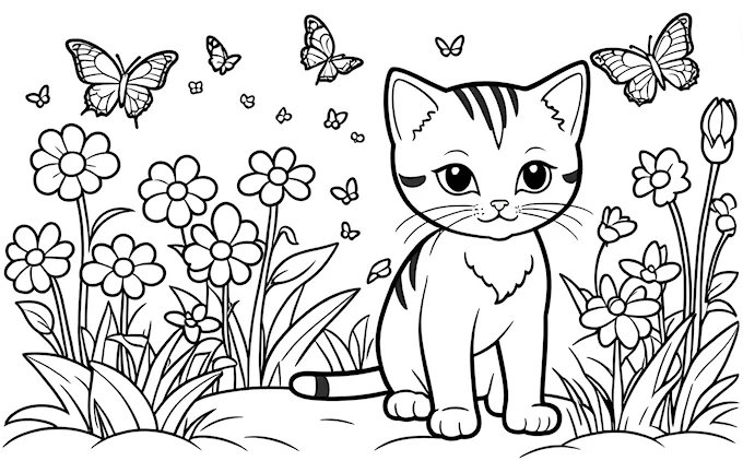 Cat in field of flowers with butterflies above, coloring page