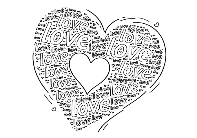 Black and white heart-shaped collage with &#039;LOVE&#039; design coloring page