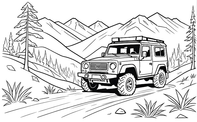Jeep driving on mountain road with trees and bushes